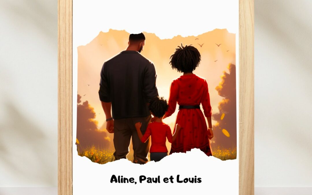 Famille de trois en portrait : affiche personnalisée pour votre noyau familial